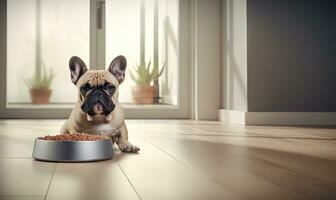 Content french bulldog beside a food bowl. Created with AI photo