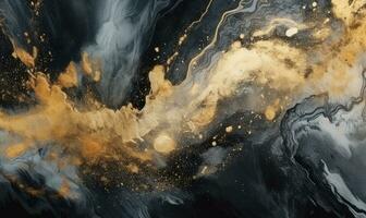 Texture of black marble stone. Spreading paint out wallpaper and golden flow. Created with generative AI tools photo