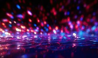 Neon futuristic flashes on black background. Motion light lines on water backdrop. For banner, postcard, book illustration. Created with generative AI tools photo
