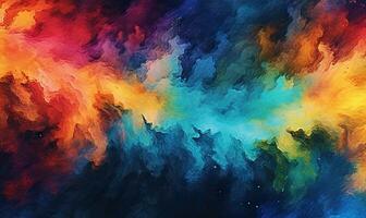 Multi colored watercolor on black background. Texture of smoke out paint. For banner, postcard, book illustration. Created with generative AI tools photo