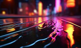 Night wet road made of paving stones. Road, light, rain. background. For banner, postcard, book illustration. Created with generative AI tools photo