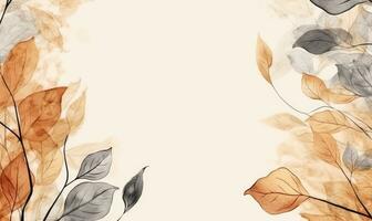 Watercolor autumn twigs with leaves background. Plant golden wallpaper. For banner, postcard, book illustration. Created with generative AI tools photo