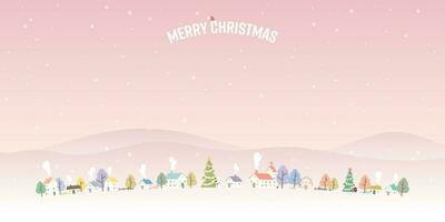 Winter Wonderland with dramatic sky background childish style vector illustration. Merry Christmas greeting card template have blank space.