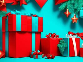 Open Christmas presents Gift boxes tied with velvet ribbons and pape decoration with background photo