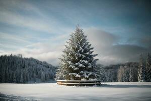 tranquilo invierno escena con iluminado Navidad árbol en un Nevado bosque ai generativo foto