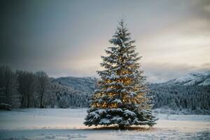 tranquilo invierno escena con iluminado Navidad árbol en un Nevado bosque ai generativo foto