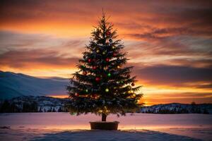 Beautiful Christmas Tree Against Snowy Scenic Background AI Generative photo