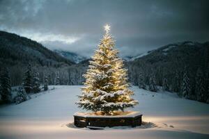 tranquilo invierno escena con iluminado Navidad árbol en un Nevado bosque ai generativo foto