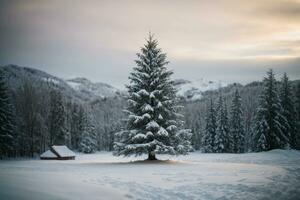 Tranquil Winter Scene with Illuminated Christmas Tree in a Snowy Forest AI Generative photo