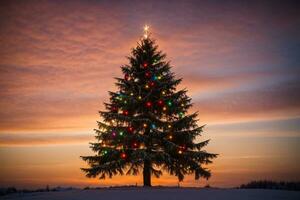 Beautiful Christmas Tree Against Snowy Scenic Background AI Generative photo