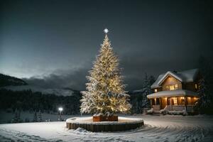 tranquilo invierno escena con iluminado Navidad árbol en un Nevado bosque ai generativo foto