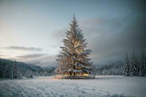 Tranquil Winter Scene with Illuminated Christmas Tree in a Snowy Forest AI Generative photo