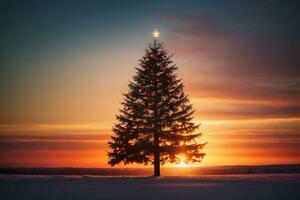 Beautiful Christmas Tree Against Snowy Scenic Background AI Generative photo