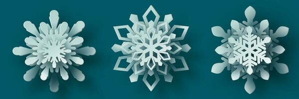 Vector set white christmas paper cut 3d snowflake with shadow on teal colored background. Winter design elements for presentation, banner, cover, web, flyer, card, sale, poster, slide and social media