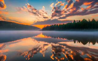 Ephemeral Serenity, A Mesmerizing Dawn Over the Mist-Laden Lake. AI Generated photo