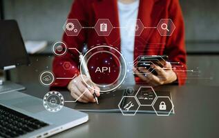 API Application Programming Interface, woman using laptop, tablet and smartphone with virtual screen API icon Software development tool, modern technology and networking concept. photo