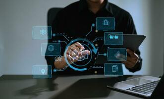 Man using chatbot in computer and tablet  smart intelligence Ai.Chat with AI Artificial Intelligence, developed by OpenAI generate. Futuristic technology, robot in online system. photo