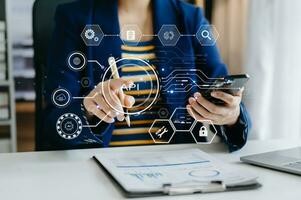 API Application Programming Interface, woman using laptop, tablet and smartphone with virtual screen API icon Software development tool, modern technology concept. photo