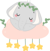 Baby shower elephant, cute elephant sleeping on cloud png