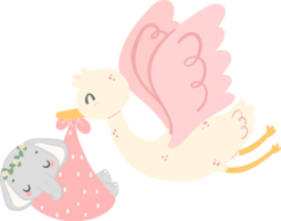 Baby shower elephant, stork bird with baby png