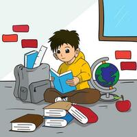 vector Illustration of a student reading a book with school equipment around him for international student's day, world book day, etc.