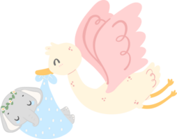 Baby shower elephant, stork bird with baby png