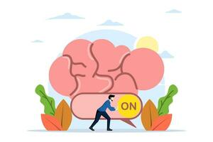 concept of turning on the brain to think, creativity, intelligent thinking or emotional intelligence, mindset, wisdom and knowledge, intelligent genius businessman turning on his own brain. vector