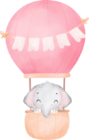 Cute baby shower elephant girl watercolor, kawaii baby elephant animal in hot balloon nursery cartoon illustration png
