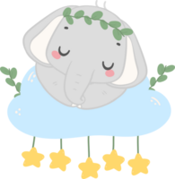 Baby shower elephant, cute elephant boy sleeping on cloud png
