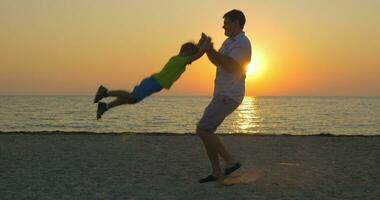 Young father and little son having fun on the beach video