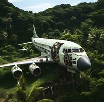 foto antiguo abandonado avión en el bosque ai generado