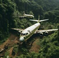 foto abandonado aeronave en lluvia bosque generativo ai