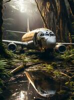 foto abandonado avión en el bosque Clásico estilo generativo ai