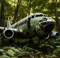 foto abandonado militar aeronave sentado en descuidado bosque polvoriento y sucio aigenerado ai