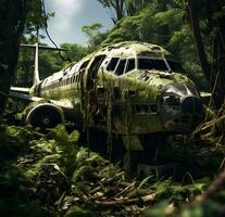 Photo Crashed aircraft amidst woods, deserted airplane, digitally drawn generative ai