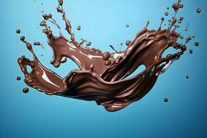 Photo hot chocolate splash on blue background  generative ai