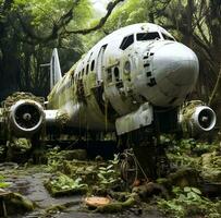 foto antiguo abandonado avión en el bosque ai generado