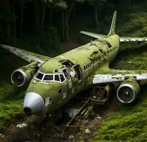 foto de abandonado aeronave en el bosque ai generado