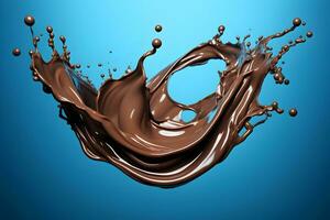 Photo Chocolate curve splashes isolated on blue background generative ai