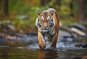 Amur tiger walking in the water. Dangerous animal.  Animal in a green forest stream. Generative AI photo