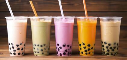 Plastic cups of different tasty bubble tea on wooden background. Generative AI photo