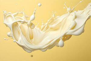 Photo Milk splash natural dairy product, yogurt or cream splash isolated on yellow generative ai