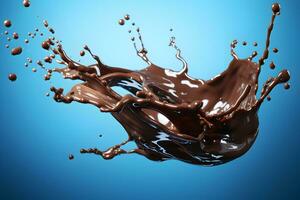 Photo hot chocolate splash on blue background  generative ai