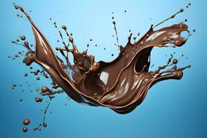 Photo Chocolate curve splashes isolated on blue background generative ai