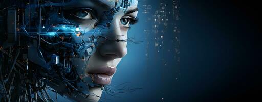 Photo Close up of female robot face. future generation of ai robots generative ai