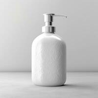 Cosmetic rounded all white soap bottle mockup on white table. AI Generative photo