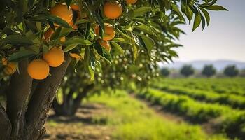un naranja árbol es en el primer plano con un granja campo antecedentes. generativo ai foto