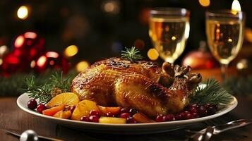 Juicy and tasty roast turkey on a plate with Christmas decorations. Roasted chicken with vegetables, Roast chicken party, all kinds of food, beer. AI Generative photo