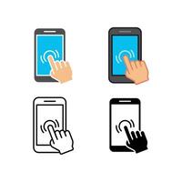 Mobile phone with forefinger touches screen. Hand pointer, Finger touching in smartphone. Smartphone screen with hand. Touch screen icon. Vector illustration. Design on white background. EPS 10