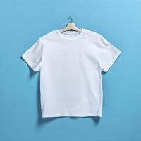 Simple White T-Shirt on Soft Blue Background. AI Generative photo